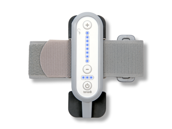 Tensi+ device showing the front controls of the unit and the comfortable, elasticated leg strap with lights showing.
