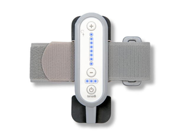Tensi+ device showing the front controls of the unit and the comfortable, elasticated leg strap with lights showing.