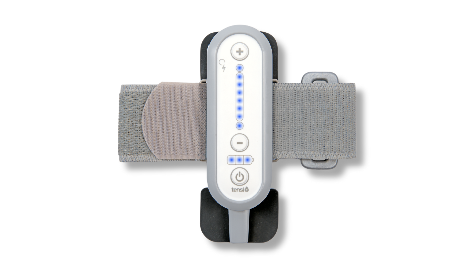 Tensi+ device showing the front controls of the unit and the comfortable, elasticated leg strap with lights showing.