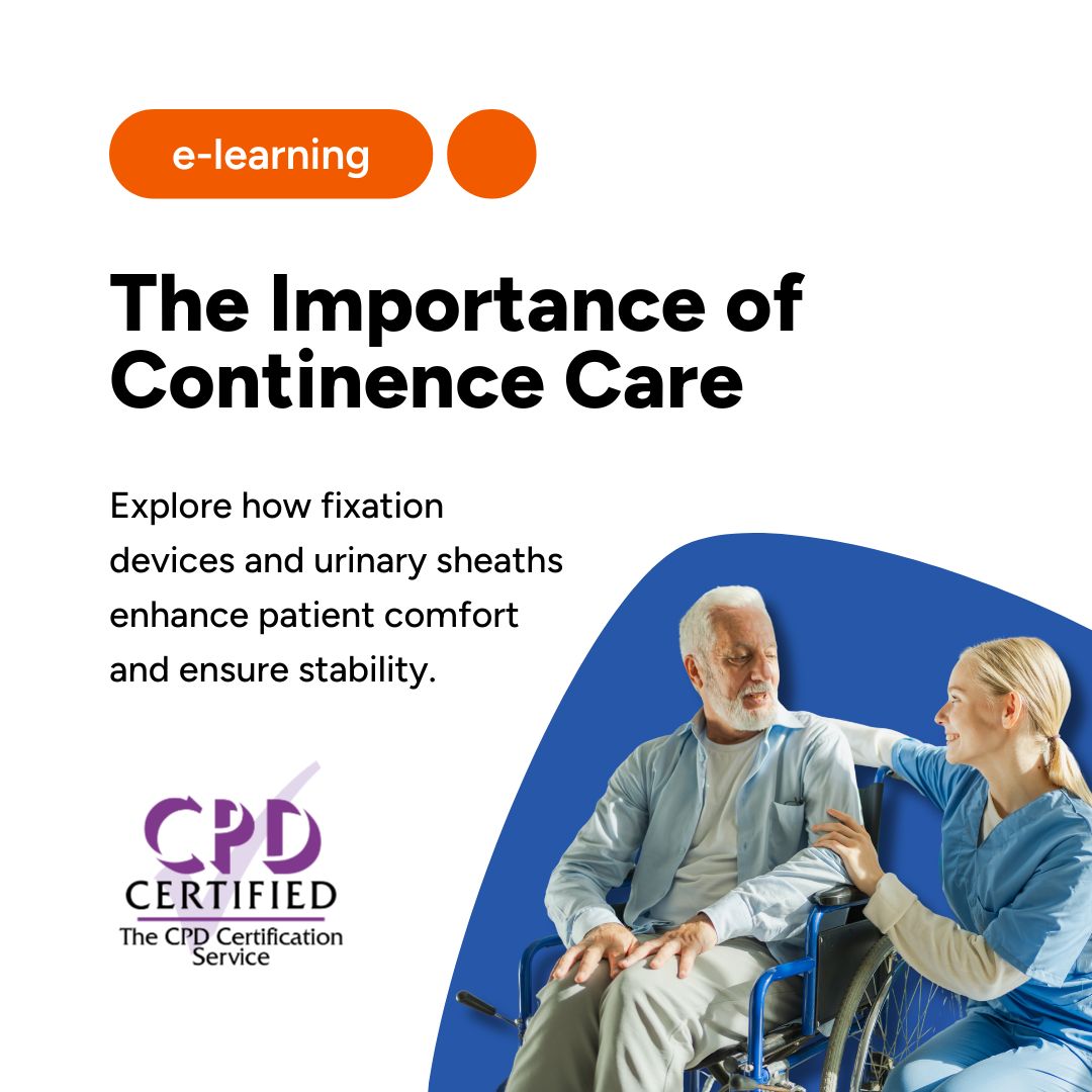 Photo of a nurse and patient, alongside course title 'The Importance of Continence Care' with the CPD Certified logo.