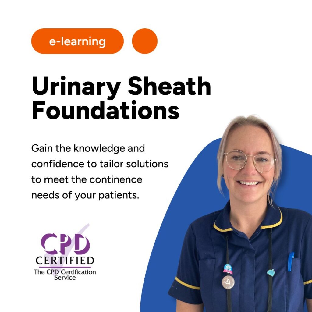 Photo of Anna Moseley, Community Nurse Specialist alongside course title 'Urinary Sheath Foundations' with the CPD Certified logo.