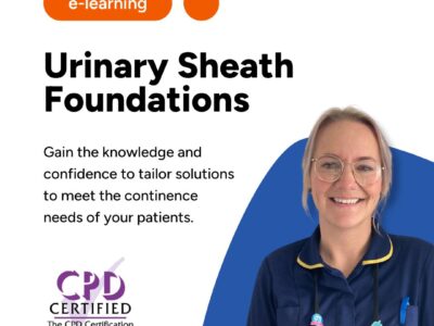 Photo of Anna Moseley, Community Nurse Specialist alongside course title 'Urinary Sheath Foundations' with the CPD Certified logo.