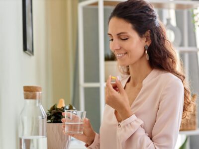 Photo of a lady looking down at her hands. She is holding a glass of water in one hand and a vitamin in the other.