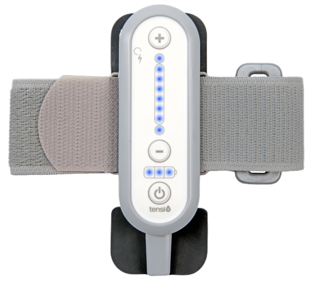 Tensi+ device showing the front controls of the unit and the comfortable, elasticated leg strap with lights showing.