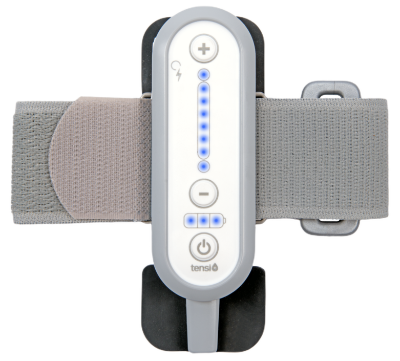 Tensi+ device showing the front controls of the unit and the comfortable, elasticated leg strap with lights showing.