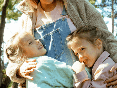 Photo of a mum standing outside hugging her two young daughters.
