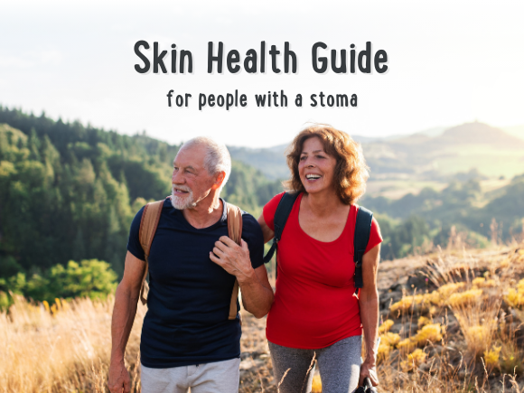 Image of a man and woman walking together in a field with the text 'Skin health guide for people with a stoma'
