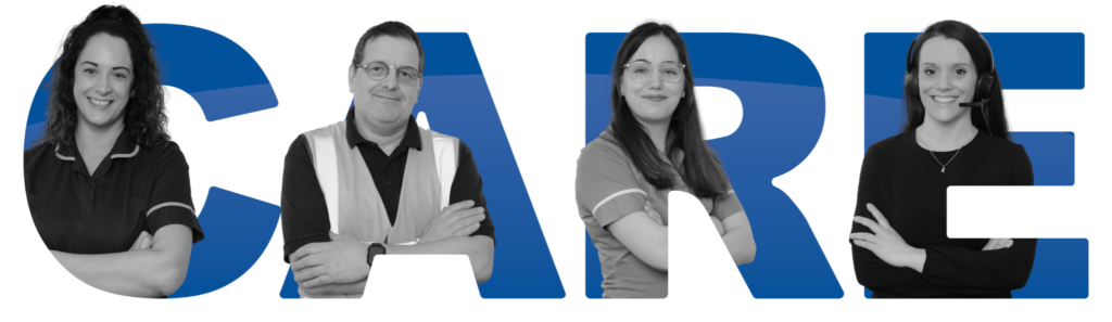 The word care written in upper case with a member of staff standing in each of the letters