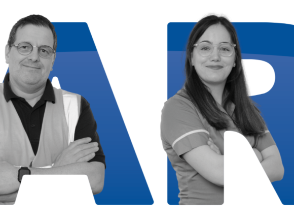 The word care written in upper case with a member of staff standing in each of the letters