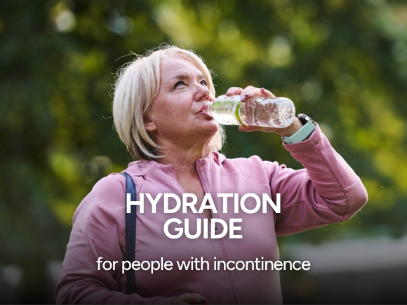 Image of a woman standing outside drinking a bottle of water with the text 'Hydration guide'