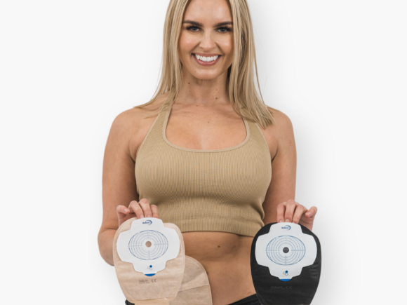 Photo of a model showing Aura Plus drainable pouches