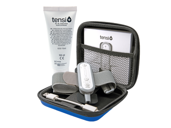 Image of Tensi+ device with gel and accessories in carrier case