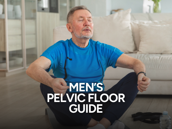 Photo of a man sat on a yoga mat with his eyes closed meditating, with text 'Men's pelvic floor guide'