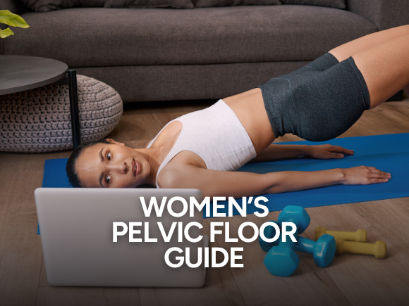 Photo of a woman on a yoga mat doing a pelvic floor exercise with text 'Women's pelvic floor guide'