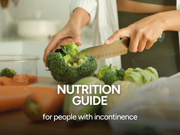Photo of a woman cutting vegetables on a chopping board with text 'Nutrition guide for people with incontinence'