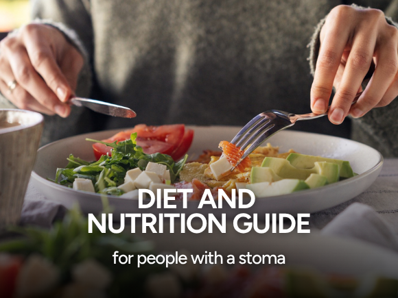 Image of a person eating salad with text 'Diet and nutrition guide for people with a stoma'