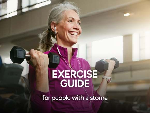 Image of a lady in a gym lifting weights with text 'Exercise guide for people with a stoma'