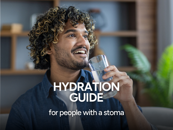 Photo of a young man holding a glass of water with text 'Hydration guide for people with a stoma'