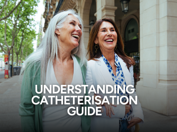 Two women walking through the street together laughing with text 'understanding catheterisation guide'