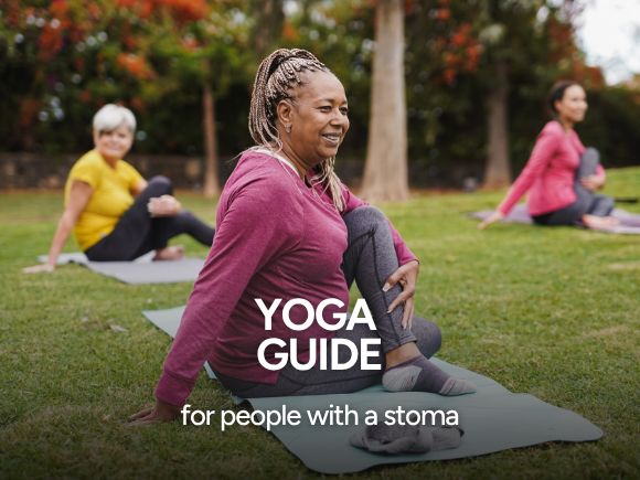 Image of a group of women doing an outdoor yoga class with text 'Yoga guide for people with a stoma'