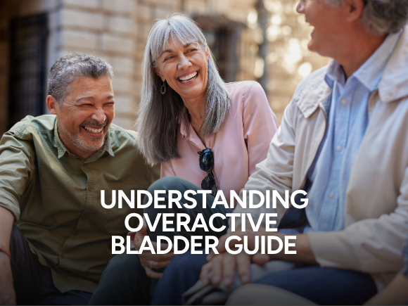 Photo of three friends outside laughing together with the text 'Understanding overactive bladder guide'