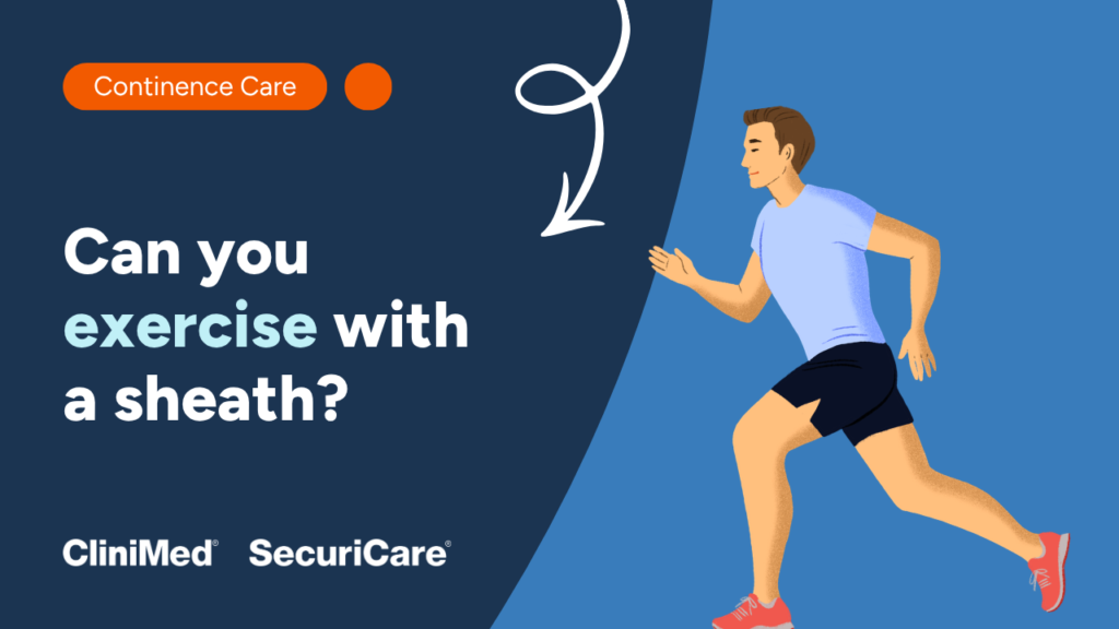 Graphic of a man running alongside text 'Can you exercise with a urinary sheath'