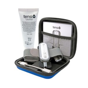 Image of Tensi+ device with gel and accessories in carrier case