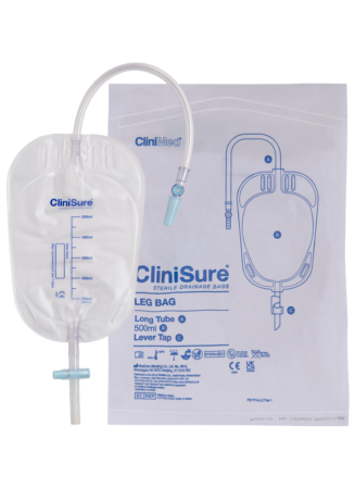 clinisure_sterile_leg_bag_front_Ttap_with_packaging_3200x4400