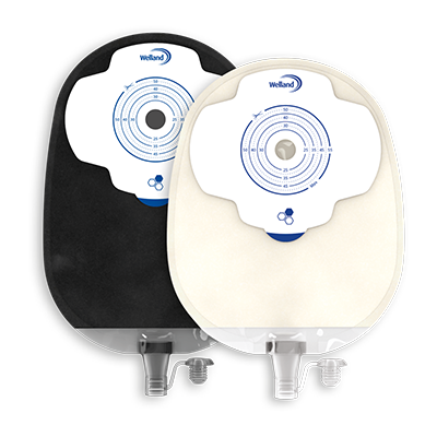 Aura Plus urostomy stoma bags in black and light sand colours